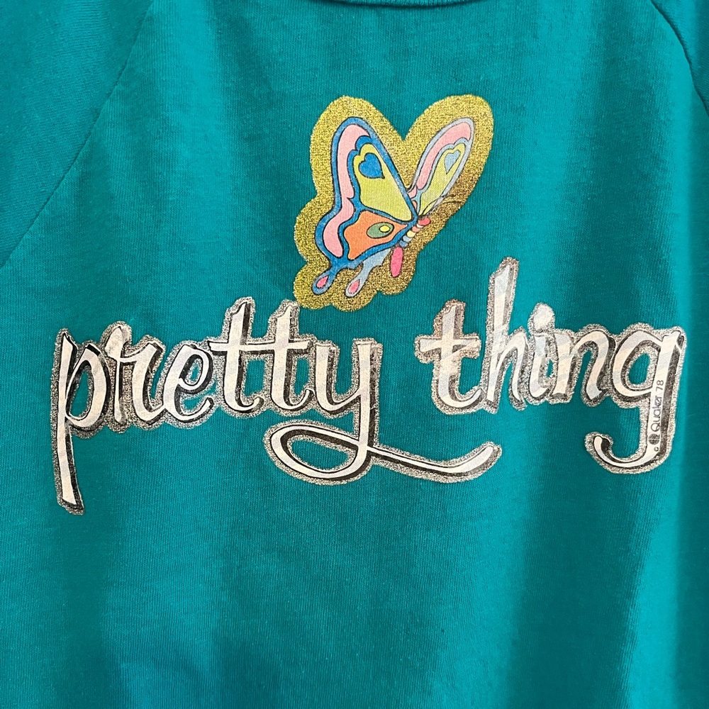 Vintage “Pretty Thing” Teal/Turquoise 80s Glitter print shirt L